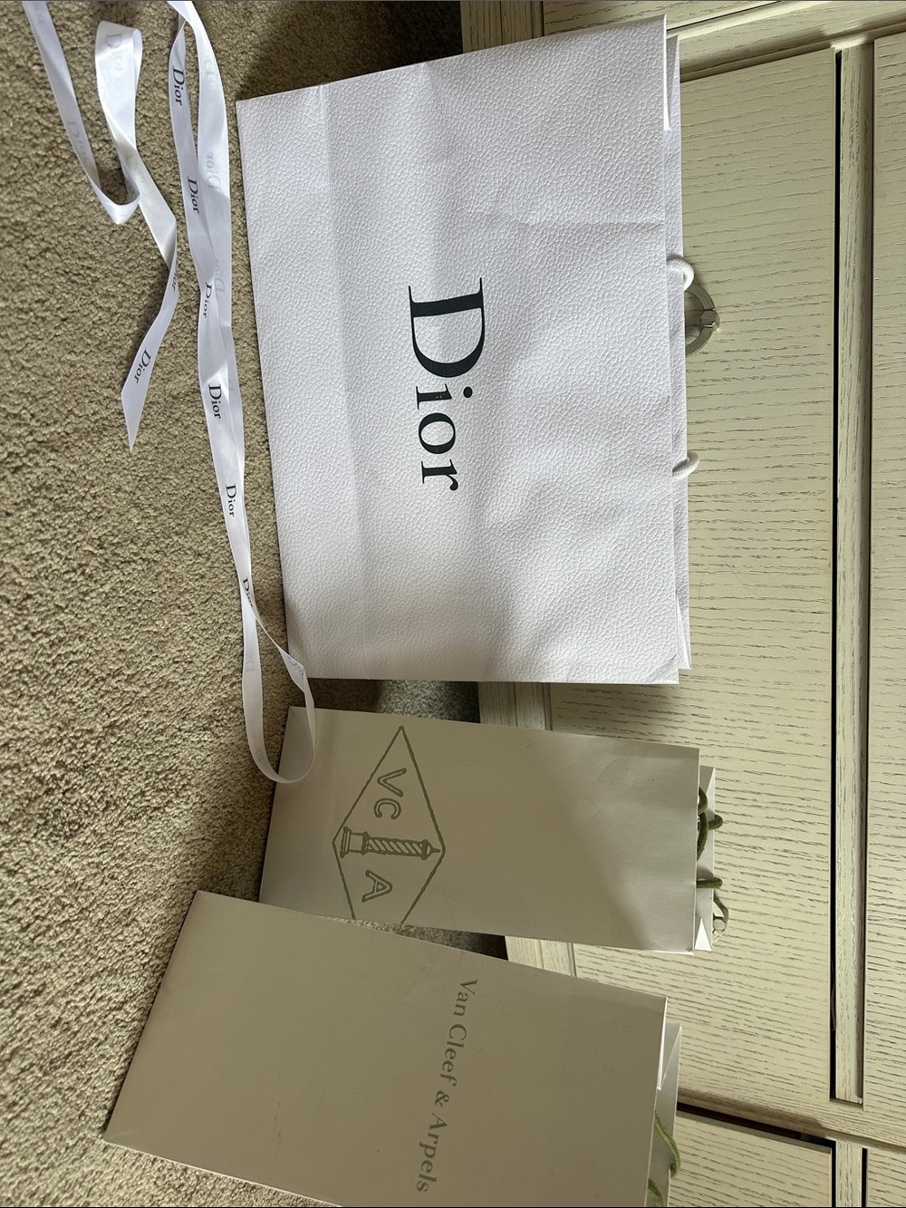 Dior White Shopping Bag with Black Logo and White Ribbon
